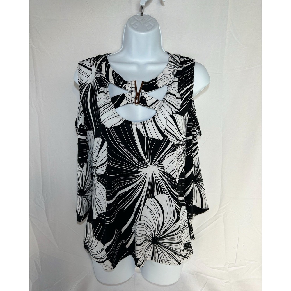 NEW Bold Elements Womens Size Large Black & White Floral Print Peak A Boo Sleeve